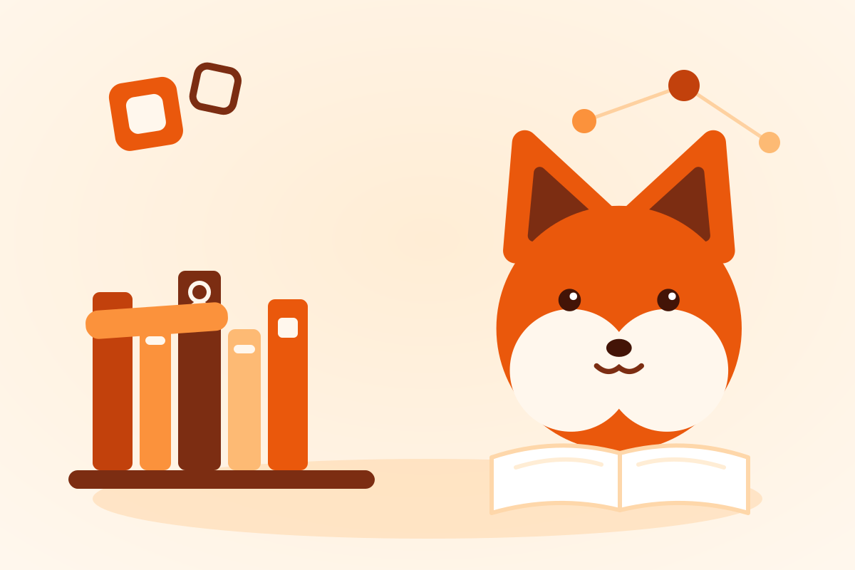 本棚の前で開いた本を読むオレンジ色のキツネのマスコットのイラスト